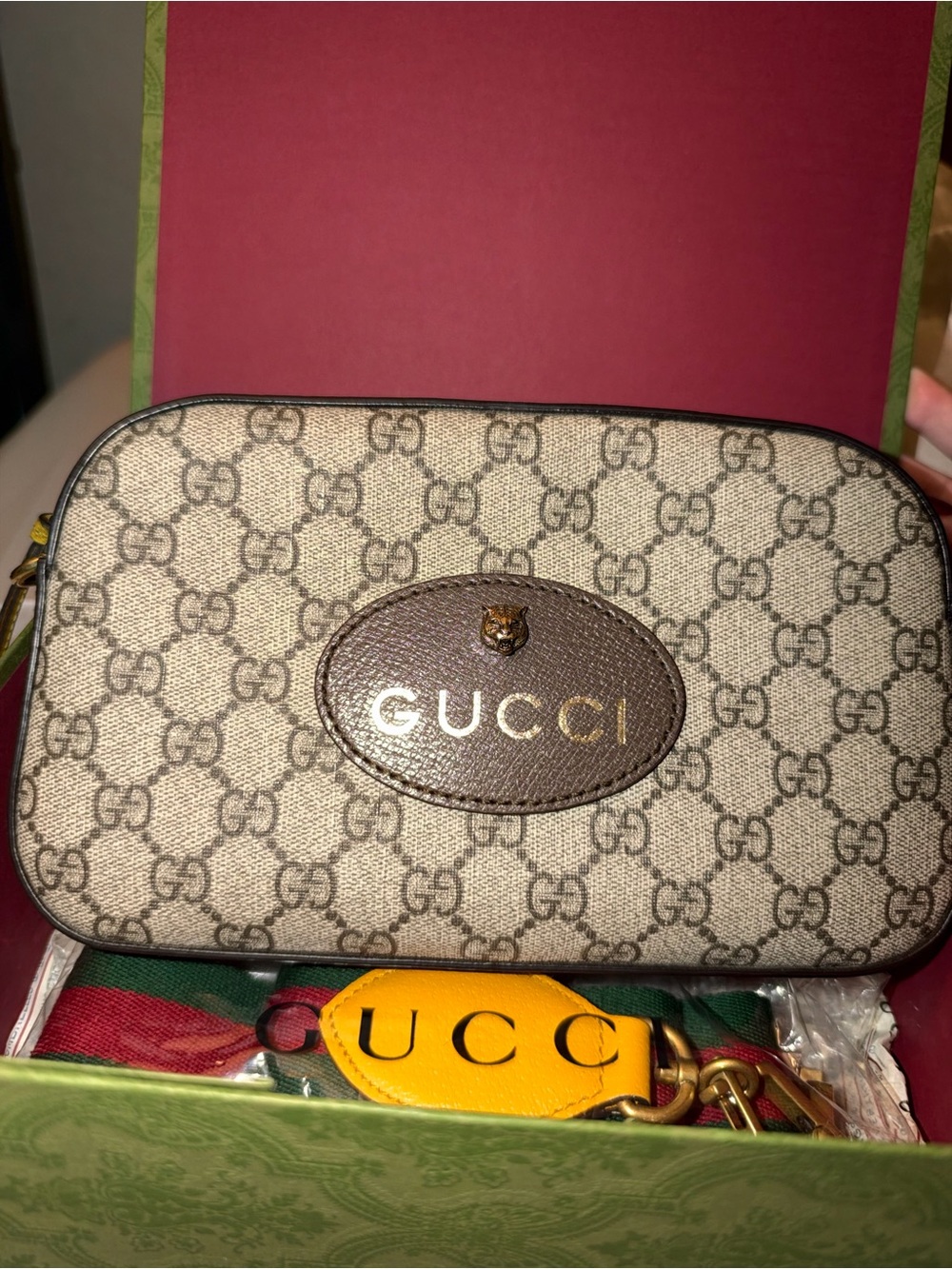 Gucci Beige GG Canvas Crossbody with Brown Trim and Gold Logo